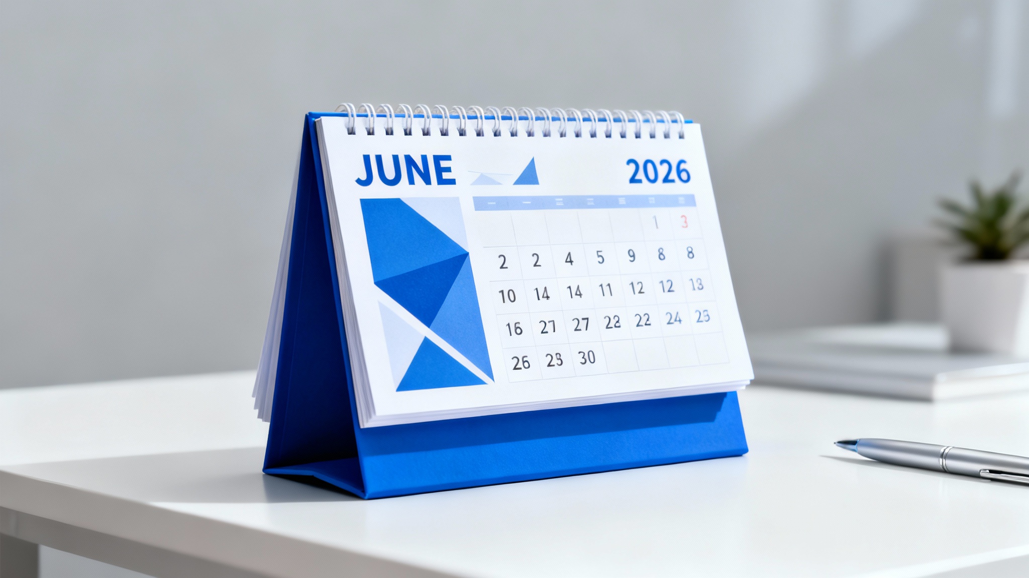 A modern 2026 desk calendar with a sleek, minimalist design in blue and white, shown in a professional product photograph on a clean desk.