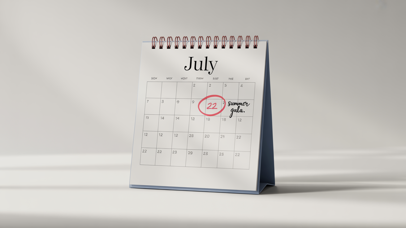 A modern, spiral-bound desk calendar mockup standing on a white surface, open to the month of July with the 22nd circled for a 'Summer Gala'.