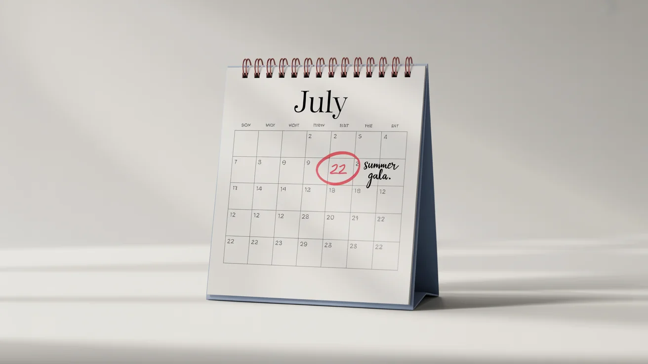 A modern, spiral-bound desk calendar mockup standing on a white surface, open to the month of July with the 22nd circled for a 'Summer Gala'.