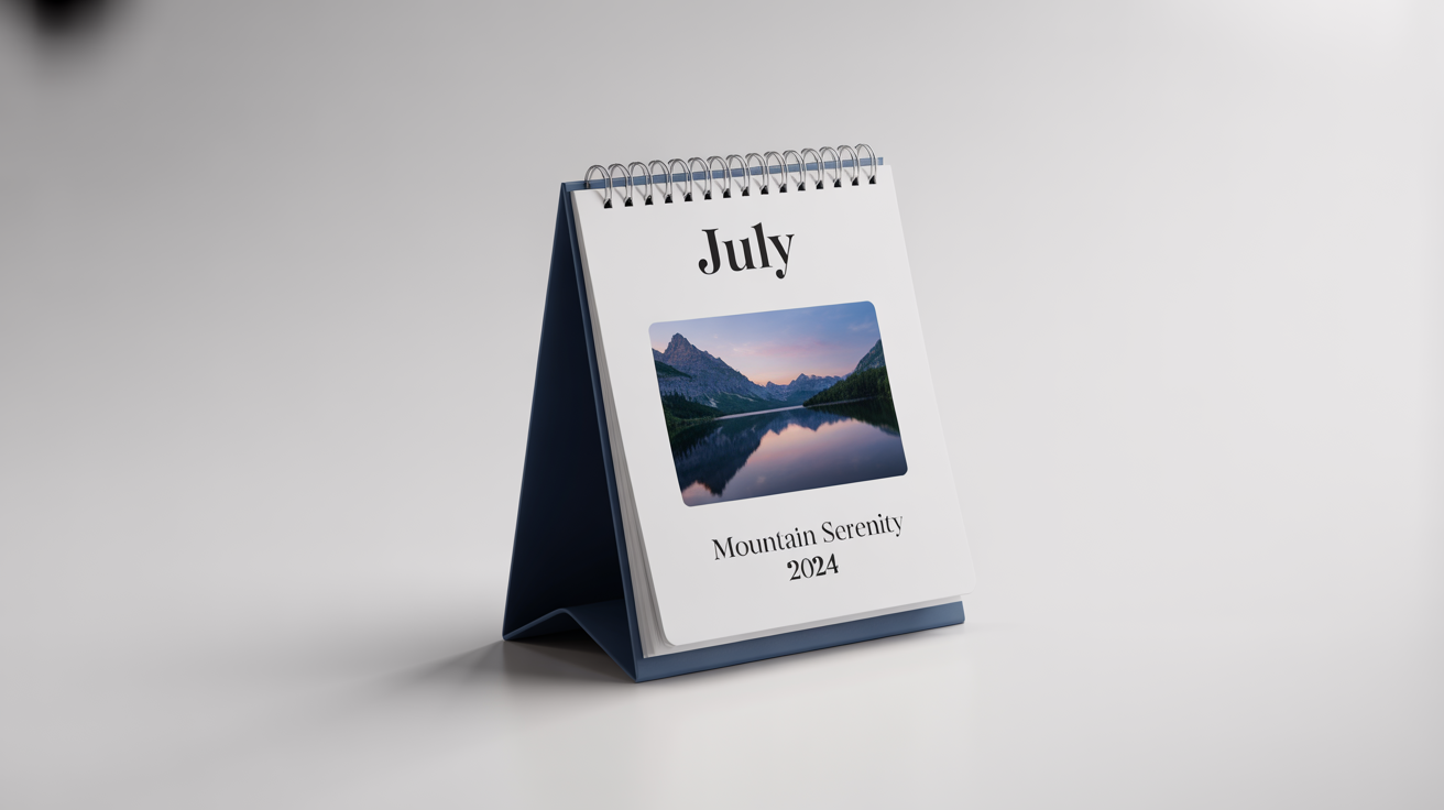 A modern spiral-bound desk calendar mockup showing the month of July, with a picture of a mountain lake, standing on a white surface against a white background.