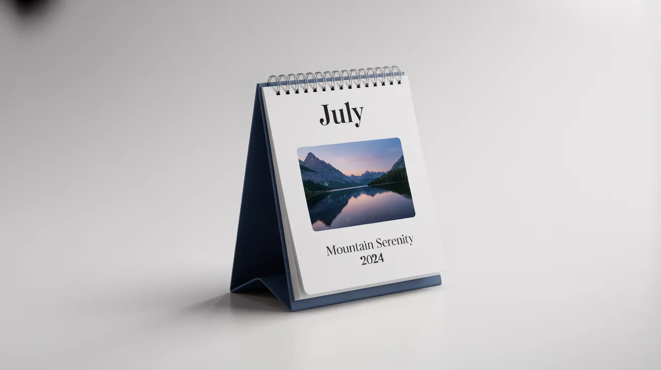 A modern spiral-bound desk calendar mockup showing the month of July, with a picture of a mountain lake, standing on a white surface against a white background.