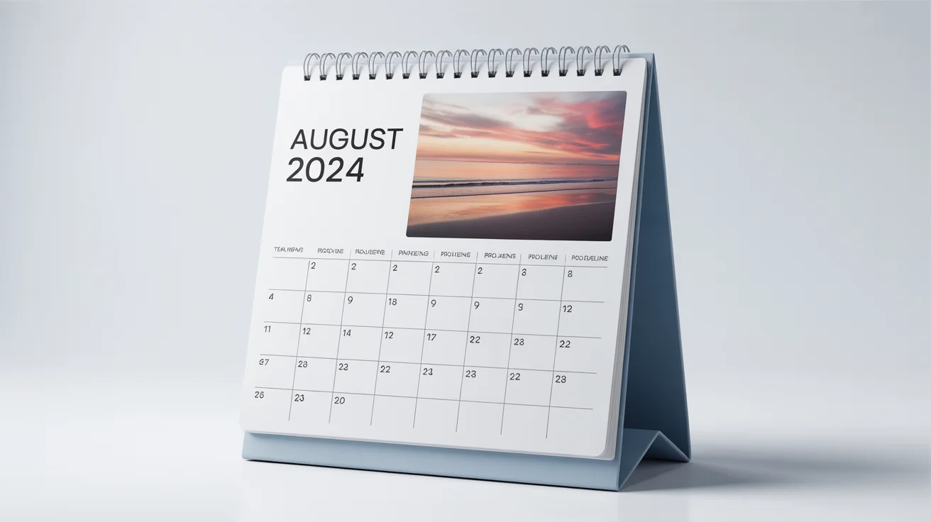 A professional mockup of a modern A-frame desk calendar showing the month of August, with a beach sunset photo, set against a plain white background.