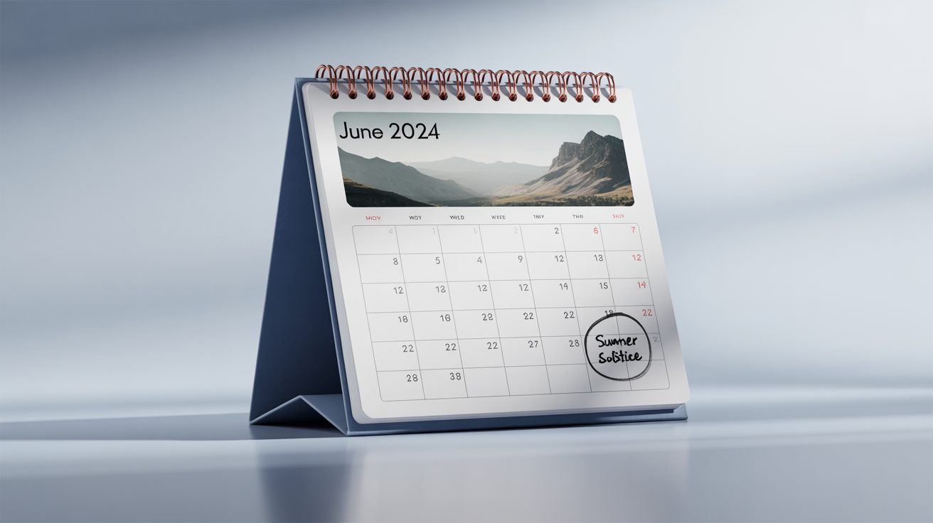 A modern spiral-bound desk calendar mockup showing the month of June, featuring a picture of a mountain landscape, standing on a light surface against a white background.