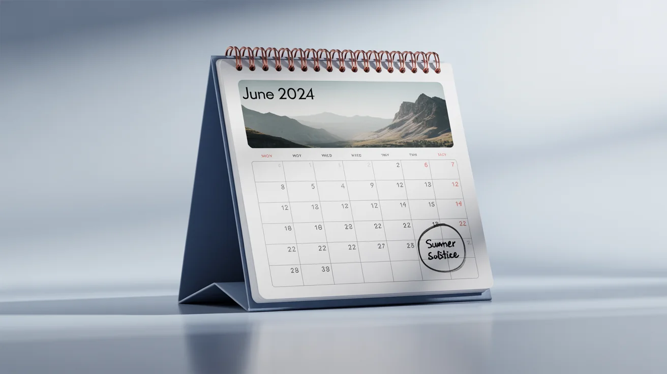 A modern spiral-bound desk calendar mockup showing the month of June, featuring a picture of a mountain landscape, standing on a light surface against a white background.