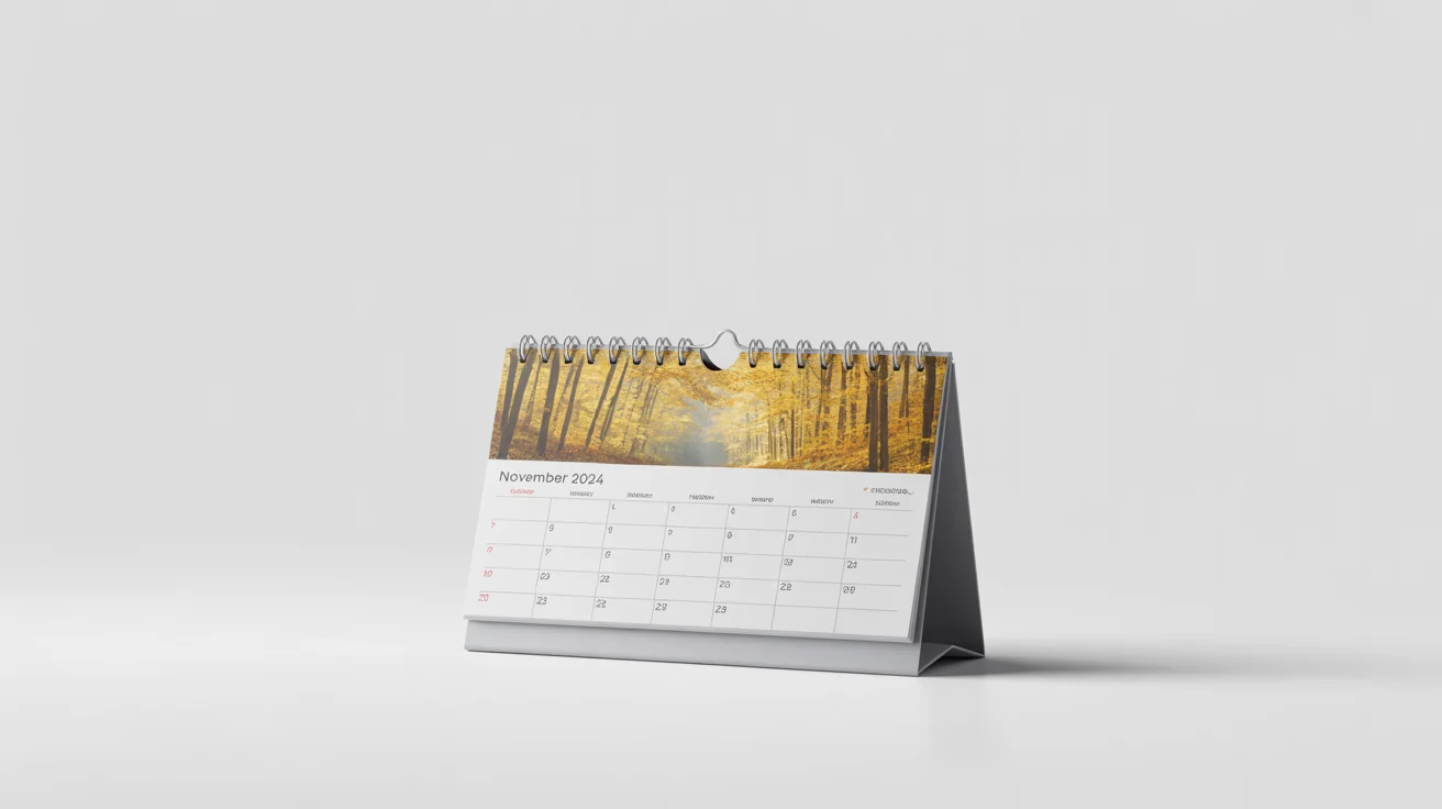 A modern desk calendar mockup for November, featuring a photo of an autumn forest, displayed against a clean white background.