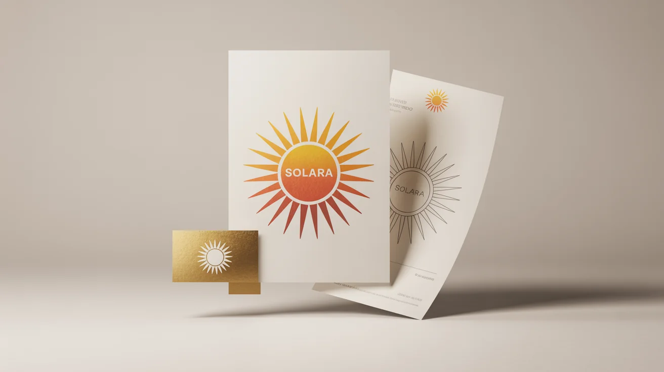 A professional brand identity showcase featuring a variety of modern, minimalist sun logos presented on mockups like business cards, letterheads, and a tote bag.