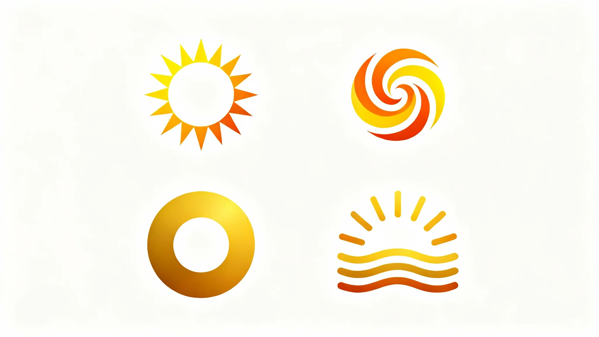 A gallery of four distinct and modern sun logo designs, each featuring a unique style in a warm yellow and orange color palette, displayed on a white background.