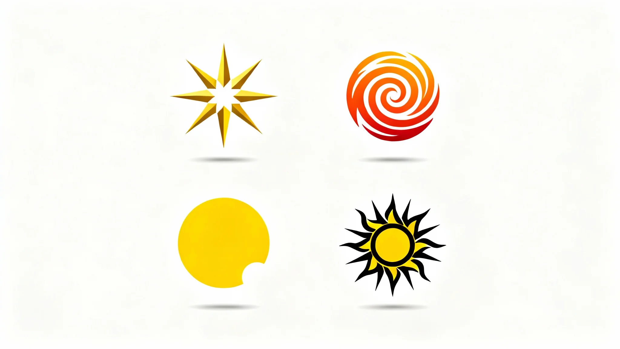A showcase of four different modern sun logo designs in a grid, featuring styles from minimalist geometric to abstract spiral, all on a crisp white background.