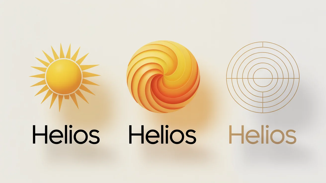 Three different modern and minimalist sun logos for the brand 'Helios', displayed side-by-side on a clean white background, showcasing various design styles.