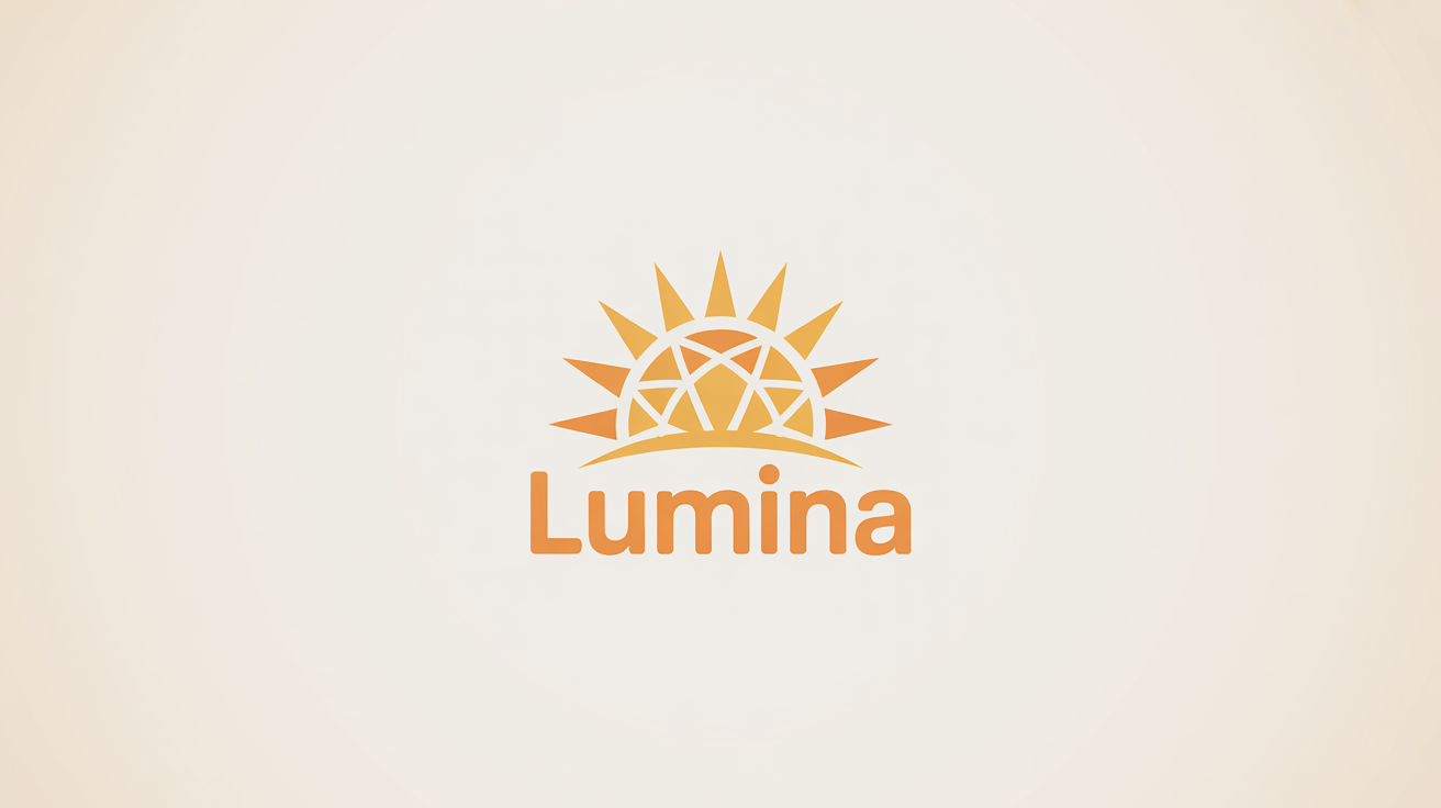 A modern, minimalist sun logo with the fictional brand name 'LUMINA' below it. The logo uses geometric shapes in a warm golden yellow and orange color palette, presented on a white background.
