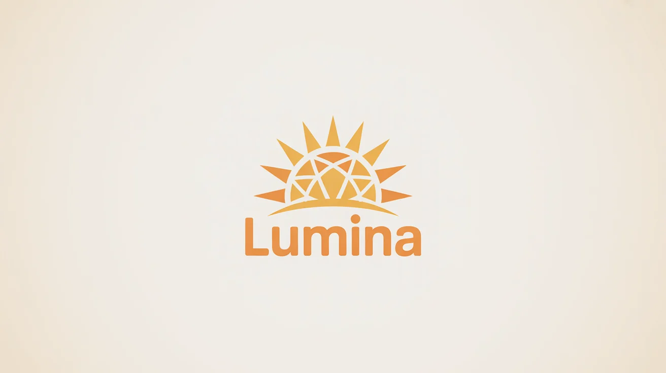 A modern, minimalist sun logo with the fictional brand name 'LUMINA' below it. The logo uses geometric shapes in a warm golden yellow and orange color palette, presented on a white background.