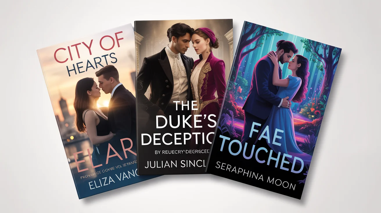 A hero image displaying three professionally designed romance book covers for contemporary, historical, and fantasy genres, demonstrating a book cover creation tool.