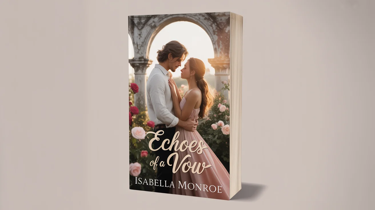 A mockup of a romance book cover titled 'Echoes of a Vow' by author 'Isabella Monroe', showing a historical couple embracing in a sunlit garden.