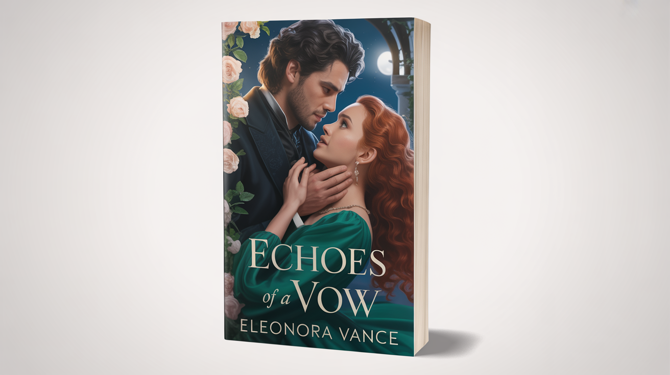 A mockup of a romance novel book cover titled 'Echoes of a Vow' by Eleonora Vance. The cover shows a close-up of a historical couple in an intimate embrace against a moonlit background.