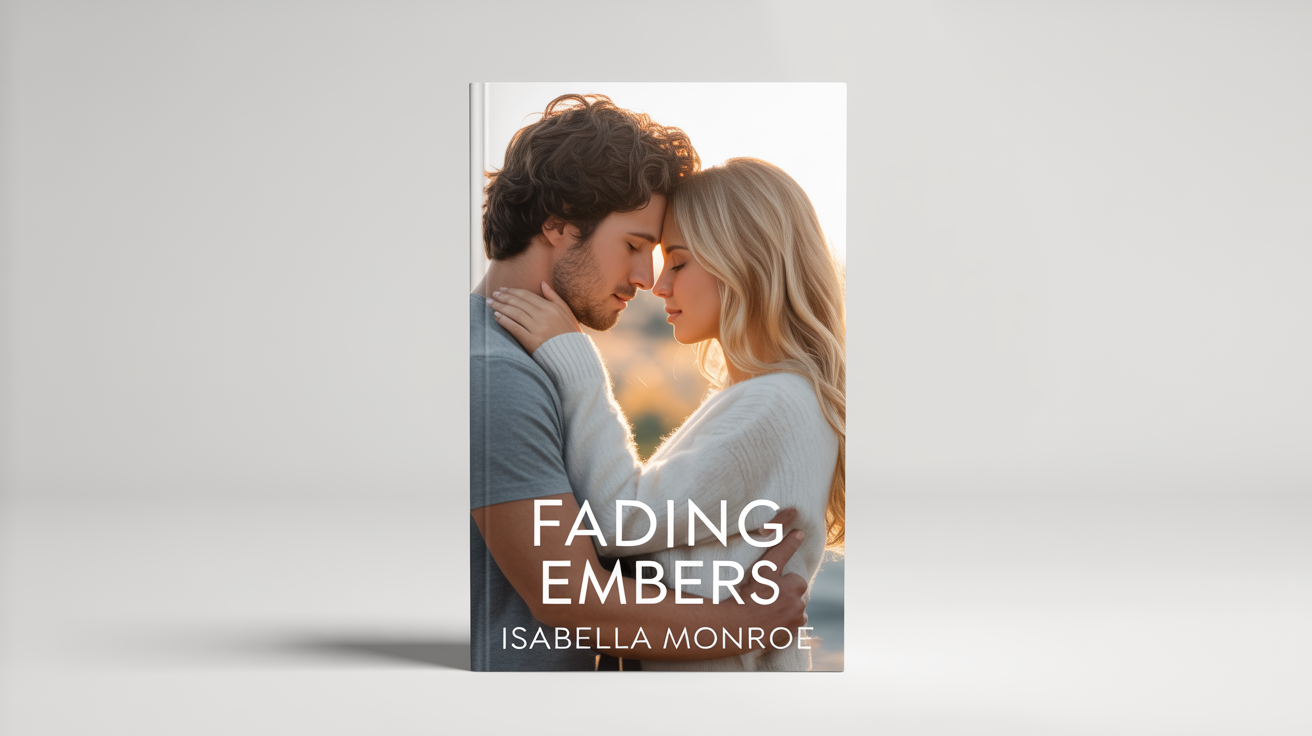A mockup of a romance book cover titled 'Fading Embers', featuring a close-up photo of a man and a woman in a tender embrace, set against a clean white background.