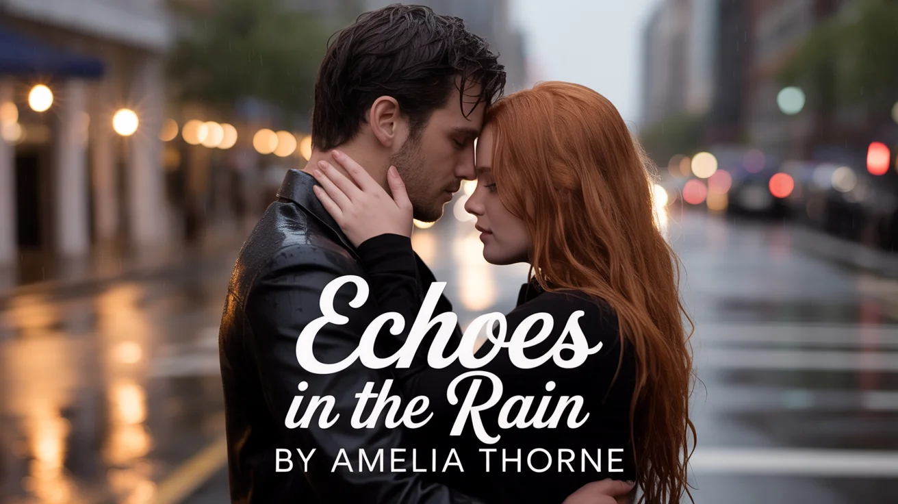 A mockup of a romance book cover titled 'Echoes in the Rain' by author Amelia Thorne. The cover features a romantic illustration of a man and a woman embracing on a rainy city street at night.