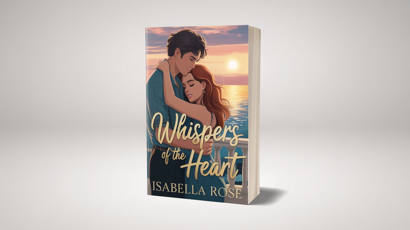 A photorealistic mockup of a romance novel titled 'Whispers of the Heart' by Isabella Rose. The cover shows a couple embracing passionately at sunset. The book is standing on a clean white background.