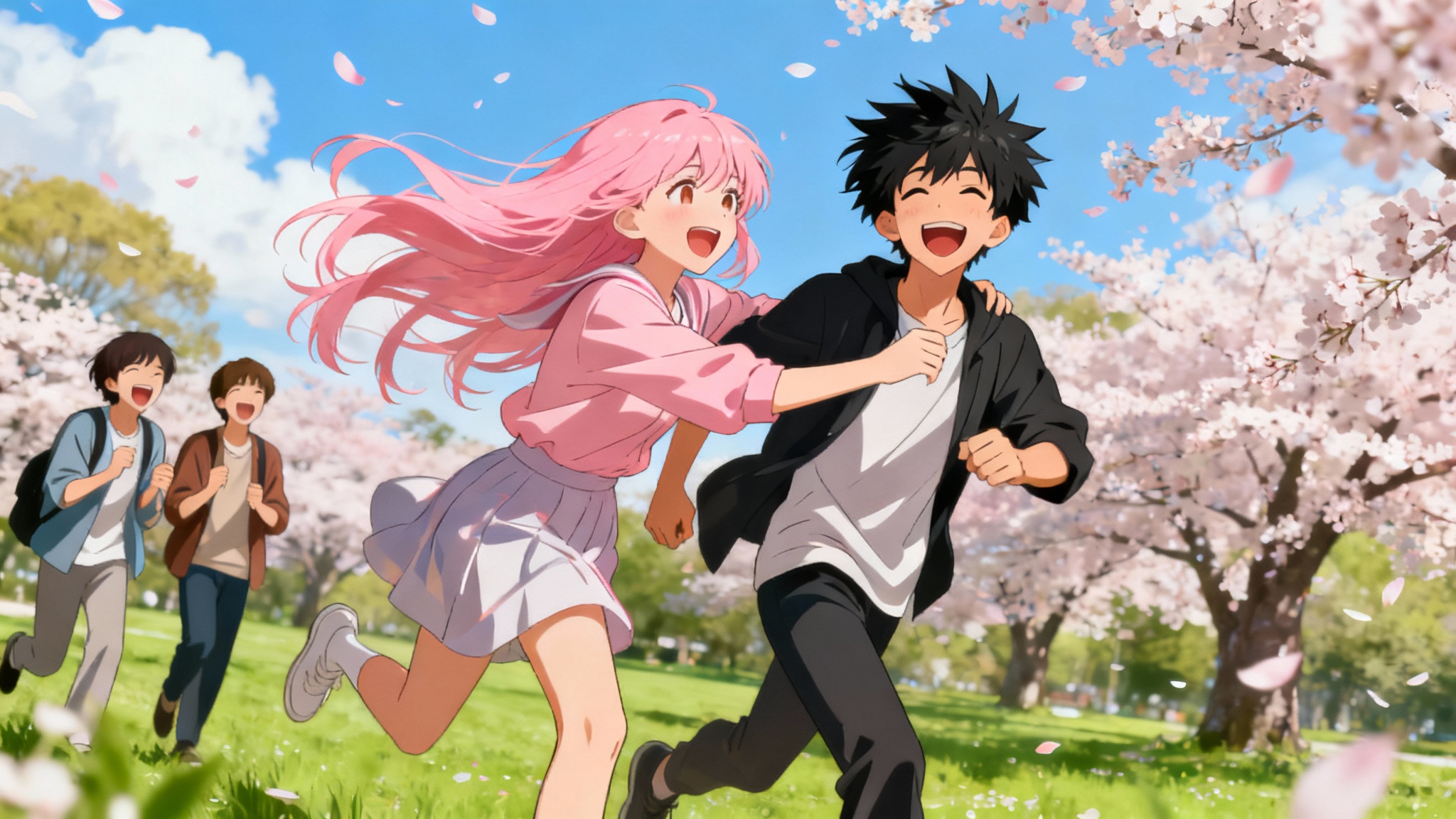 A vibrant, cinematic anime scene showing a girl with long pink hair playfully chasing a boy in a park filled with blooming cherry blossom trees, embodying a feeling of youthful joy and friendship.
