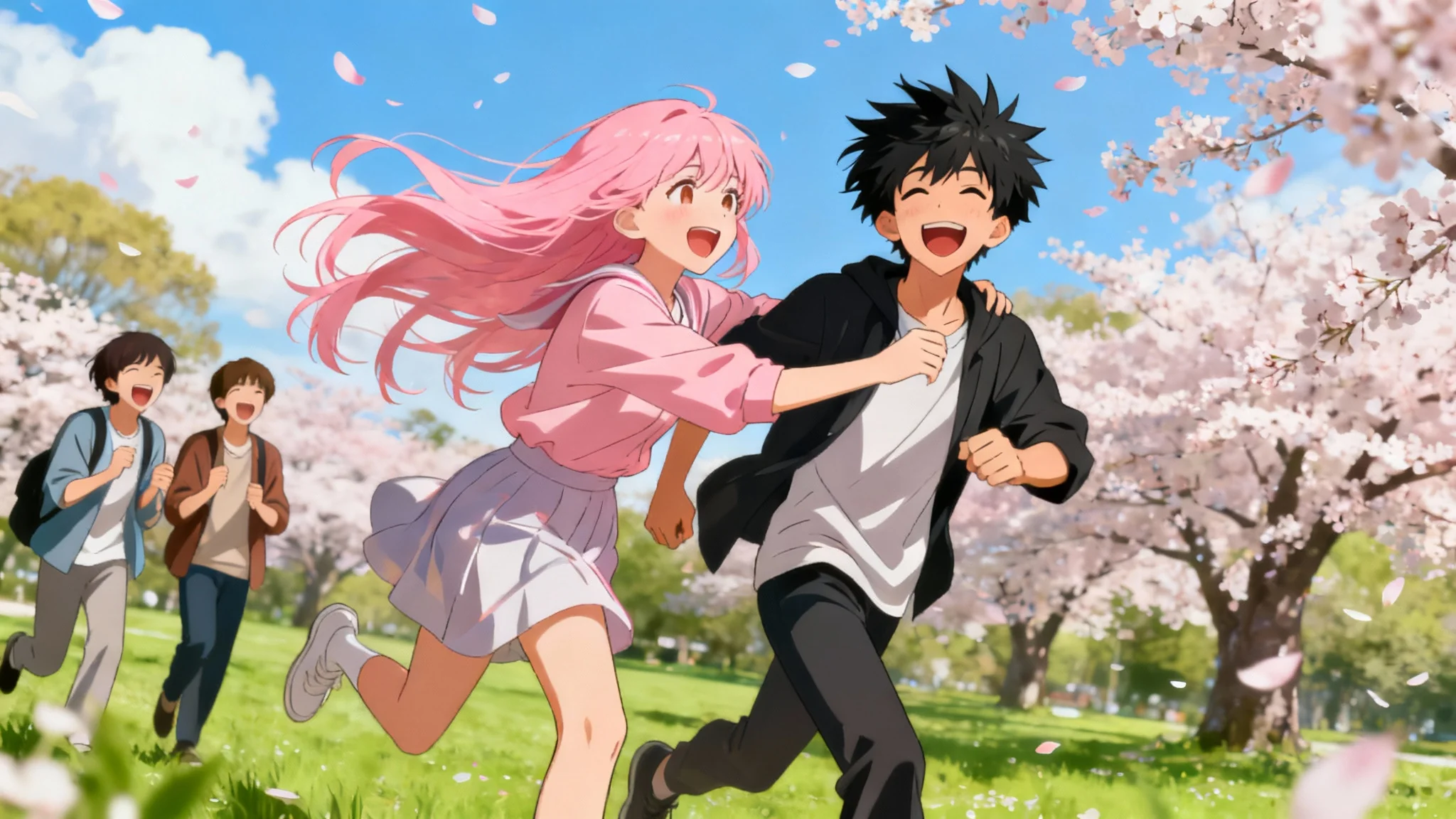 A vibrant, cinematic anime scene showing a girl with long pink hair playfully chasing a boy in a park filled with blooming cherry blossom trees, embodying a feeling of youthful joy and friendship.