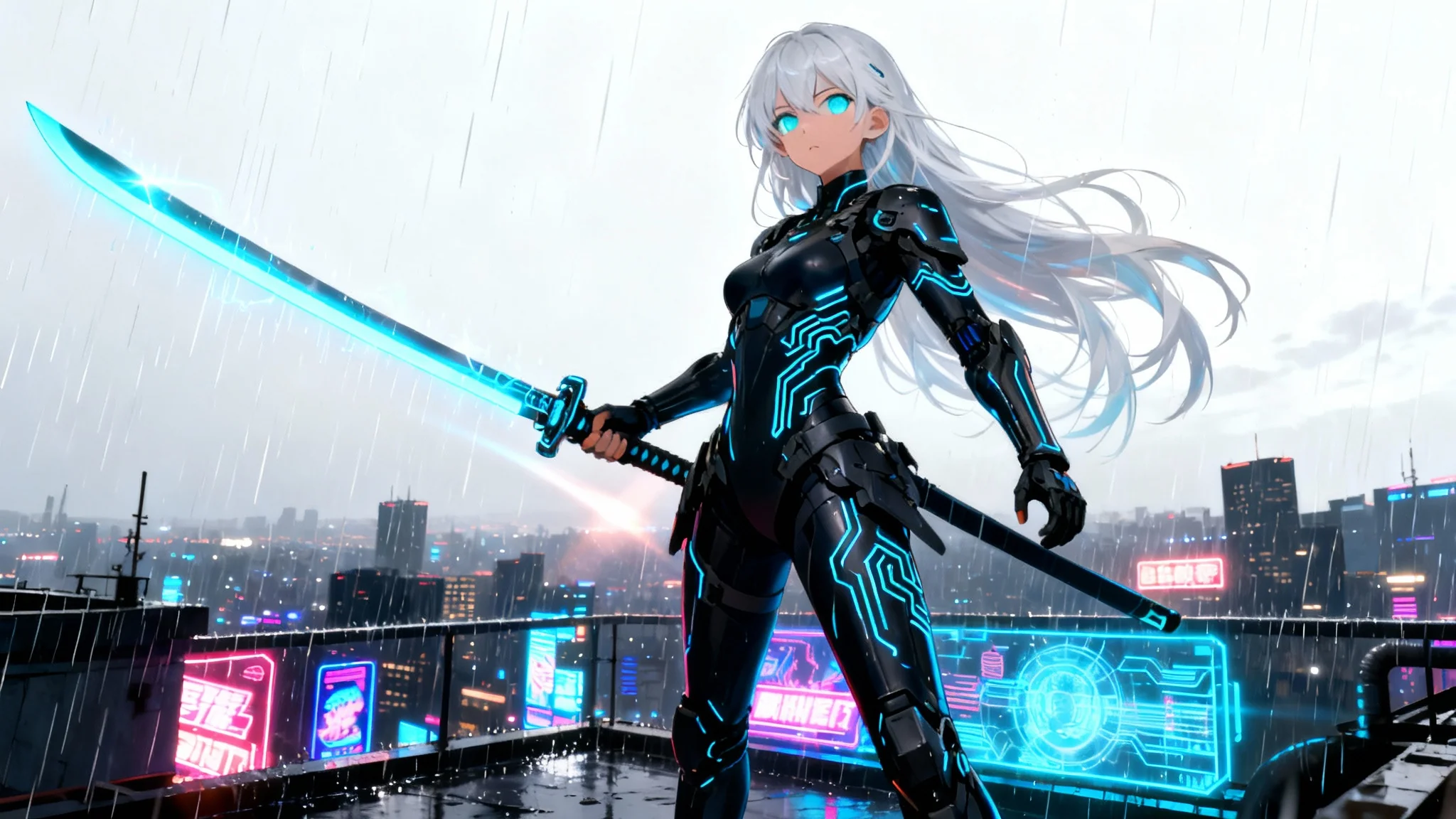 A cinematic anime scene of a female warrior with a glowing energy sword on a rainy rooftop overlooking a futuristic cyberpunk city, representing an AI-generated anime scene.