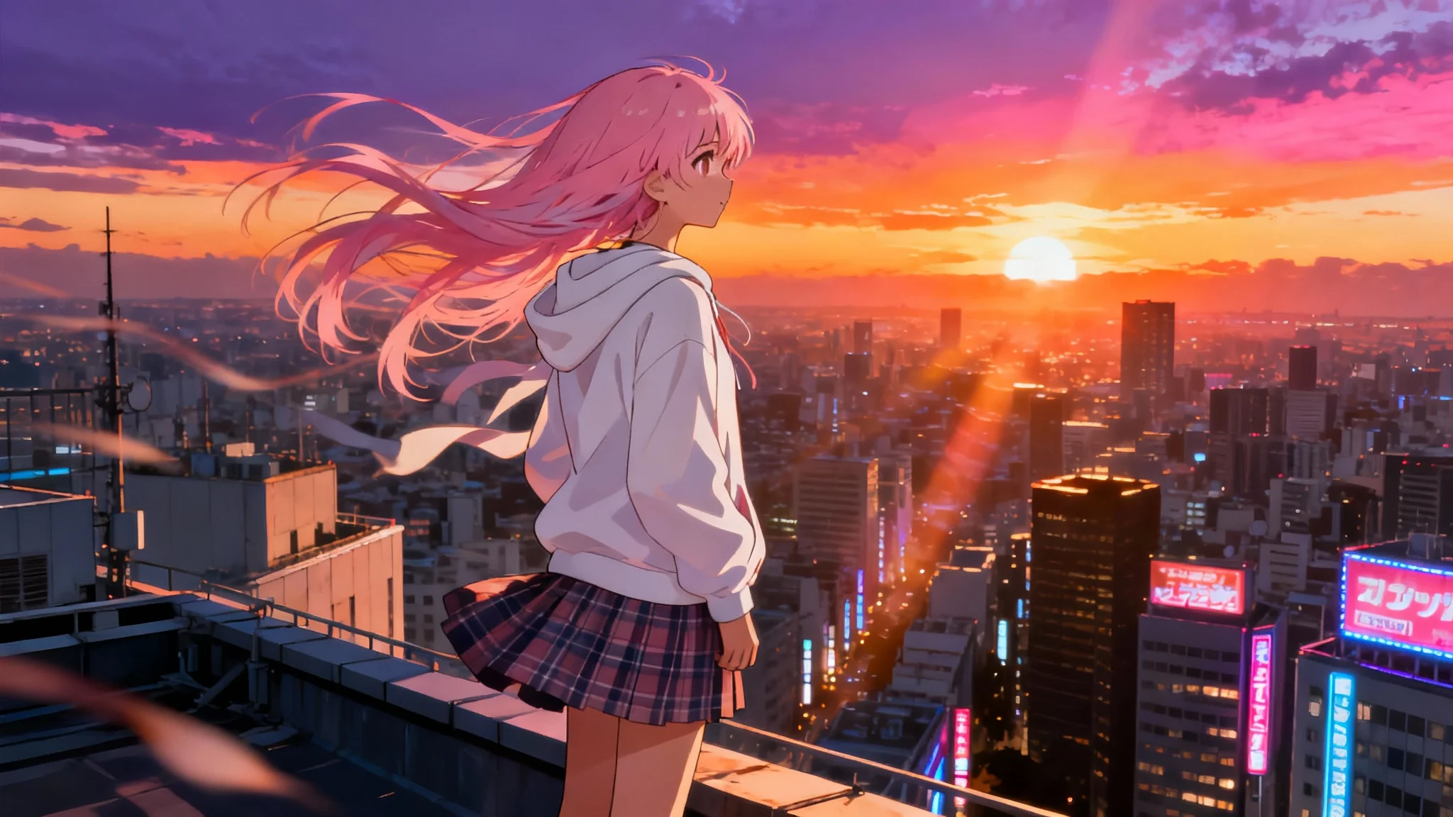 A beautifully rendered anime scene showing a girl with pink hair standing on a Tokyo rooftop at sunset, with a vibrant cityscape in the background.