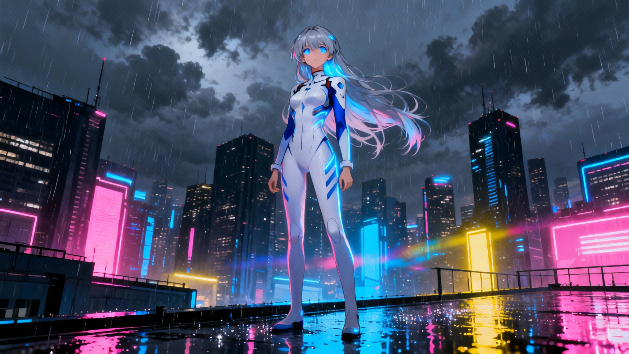 A cinematic anime scene of a young woman with silver hair standing on a rainy skyscraper rooftop, overlooking a vast, neon-lit futuristic city at night.