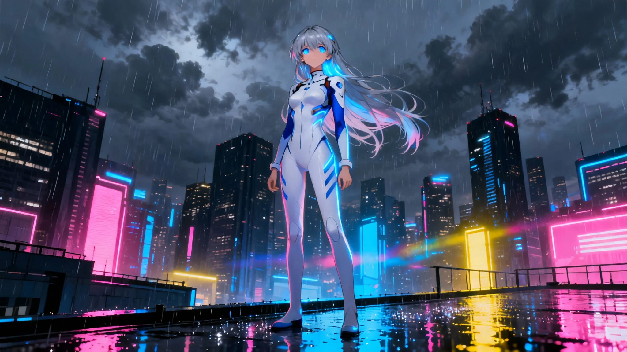 A cinematic anime scene of a young woman with silver hair standing on a rainy skyscraper rooftop, overlooking a vast, neon-lit futuristic city at night.