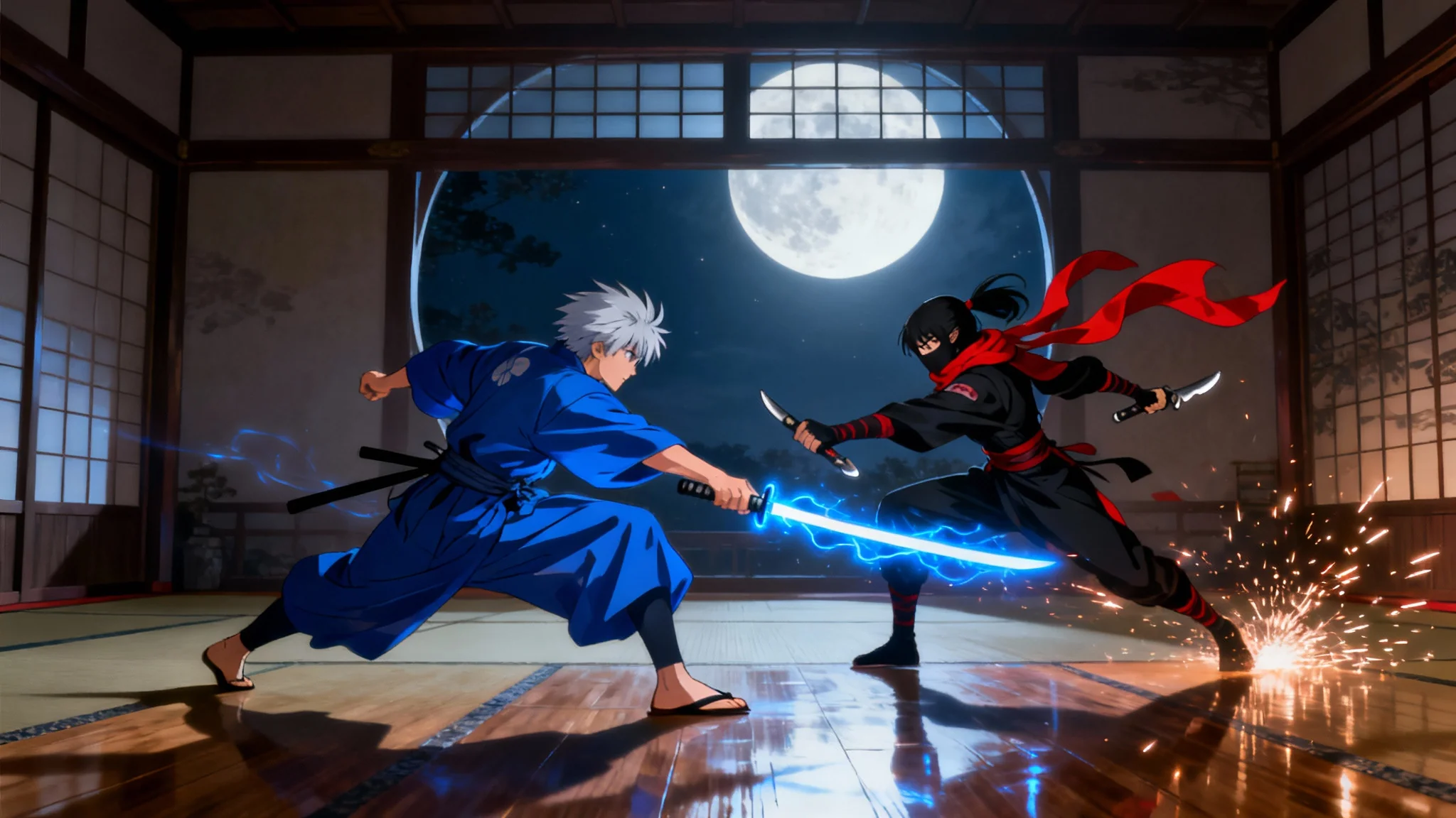A dynamic anime scene showing a silver-haired samurai with a glowing blue katana dueling a female ninja inside a moonlit dojo.