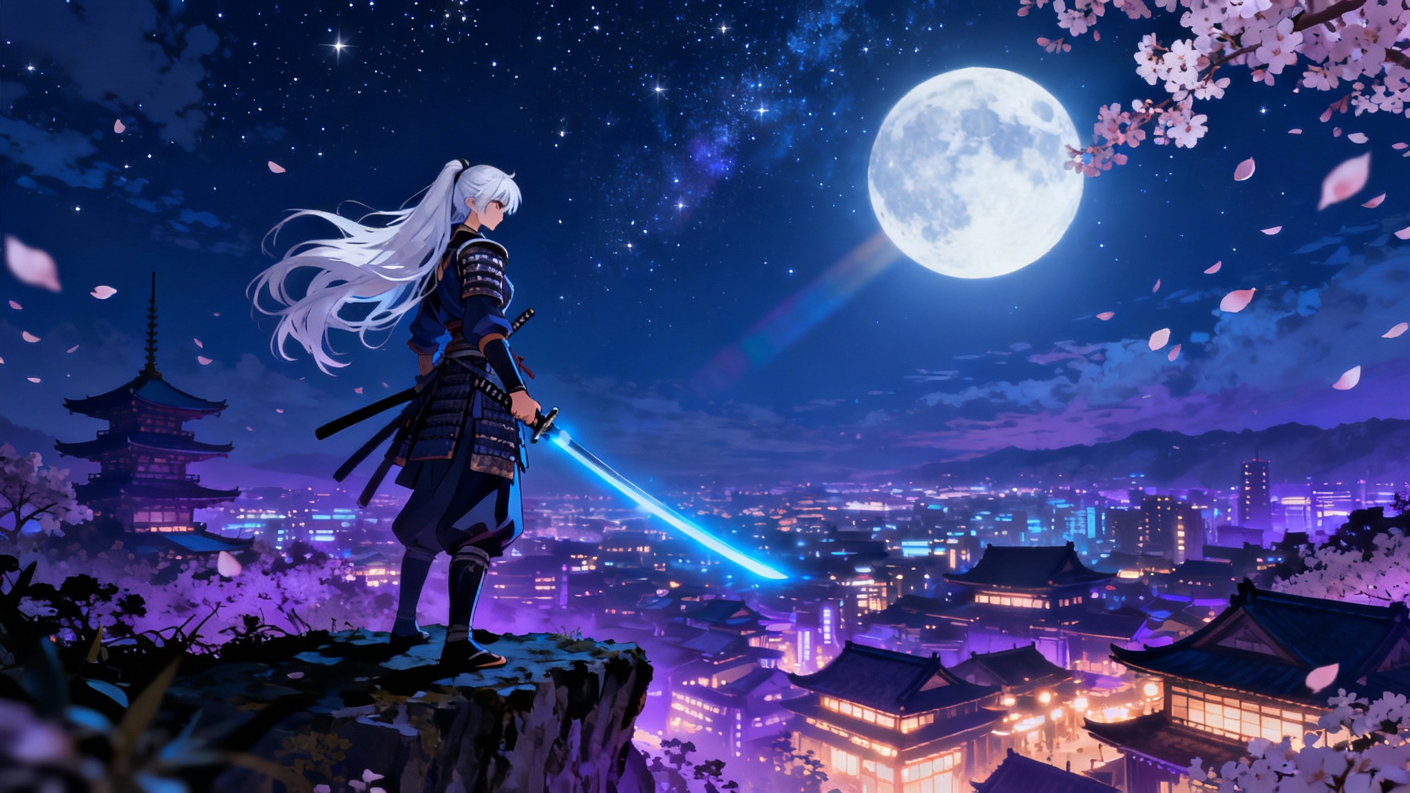 A high-quality anime scene depicting a female samurai with white hair and a glowing katana, standing on a cliff overlooking a Japanese city at night under a full moon.