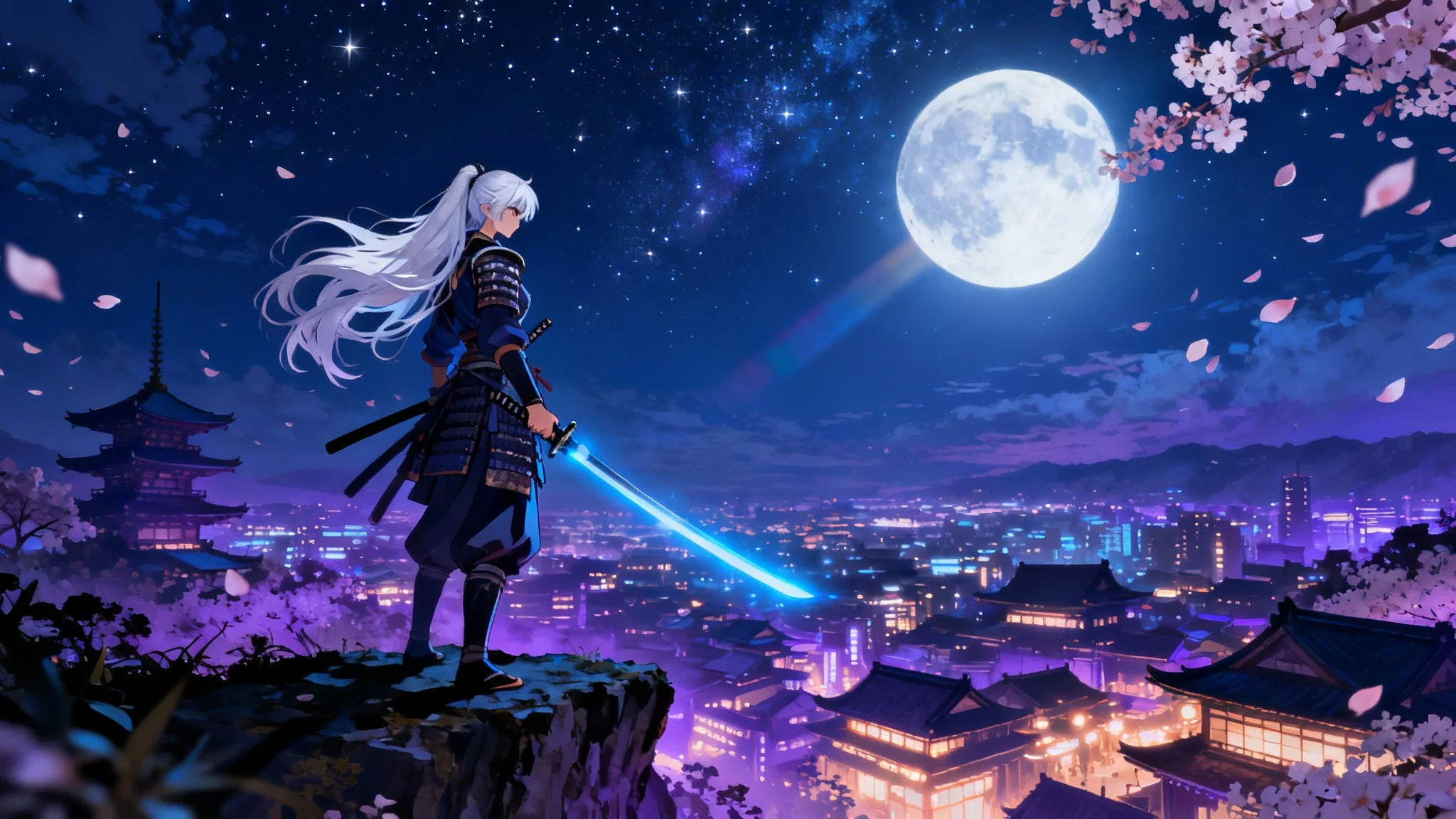 A high-quality anime scene depicting a female samurai with white hair and a glowing katana, standing on a cliff overlooking a Japanese city at night under a full moon.