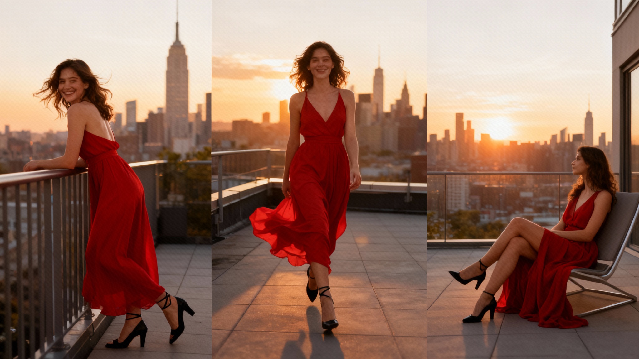 A hero image collage showing three different professional poses of the same female model wearing a flowing red dress on a city rooftop at sunset, demonstrating a variety of generated fashion poses.