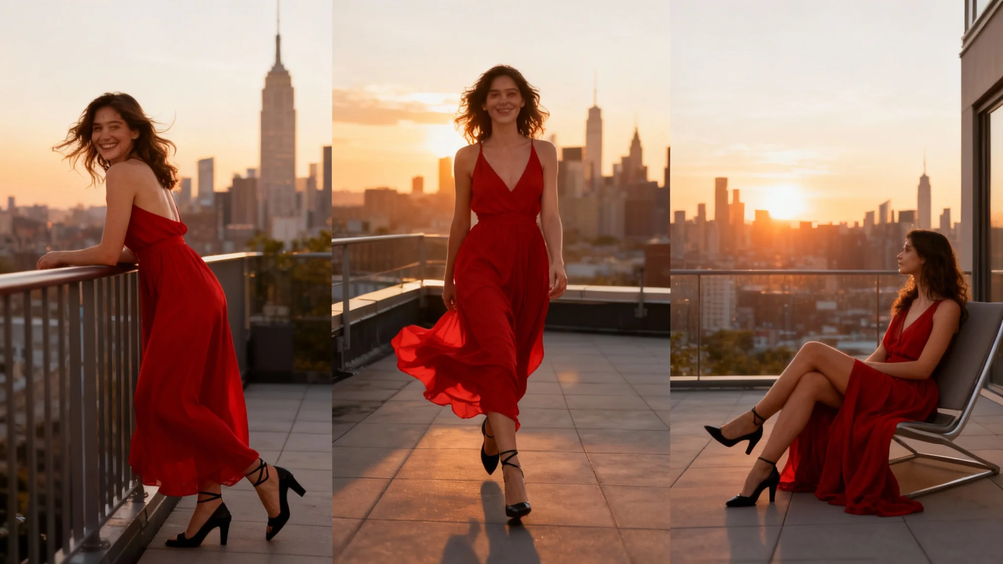 A hero image collage showing three different professional poses of the same female model wearing a flowing red dress on a city rooftop at sunset, demonstrating a variety of generated fashion poses.