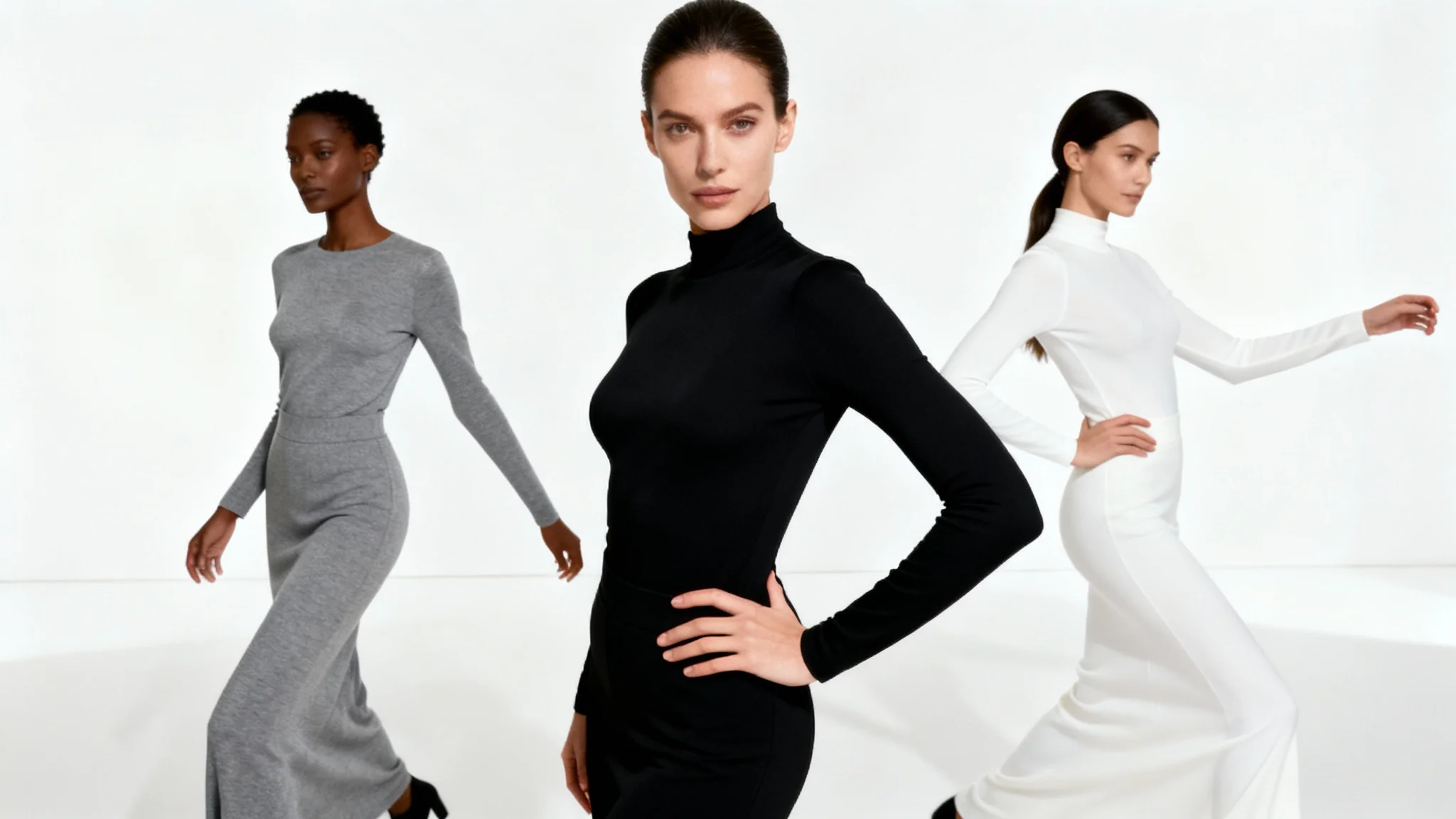 A full-body studio photograph of three diverse female models in chic, monochromatic outfits striking dynamic fashion poses against a solid white background.