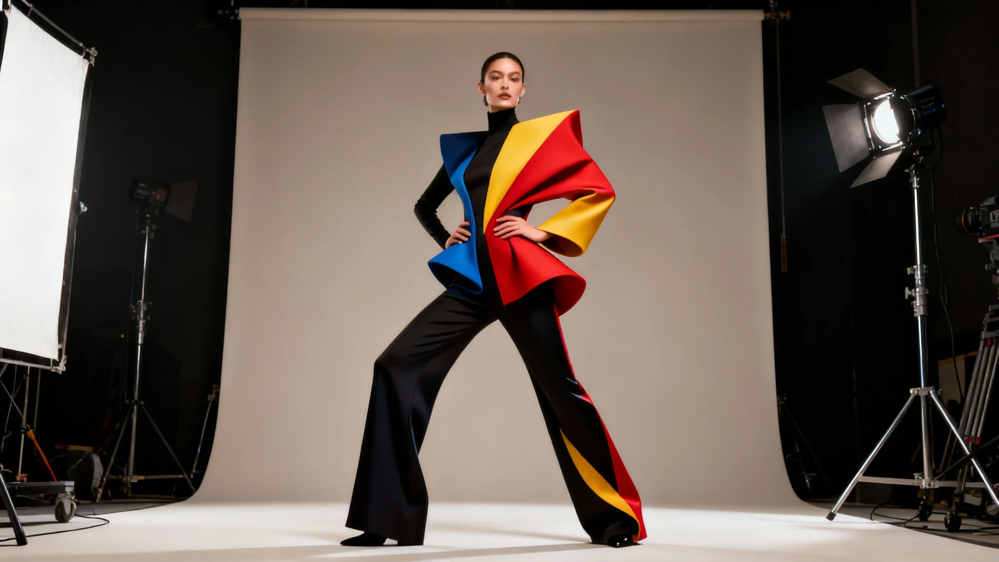 A full-length, high-fashion photograph of a model in a dramatic, avant-garde outfit, posing in a minimalist studio with professional lighting.