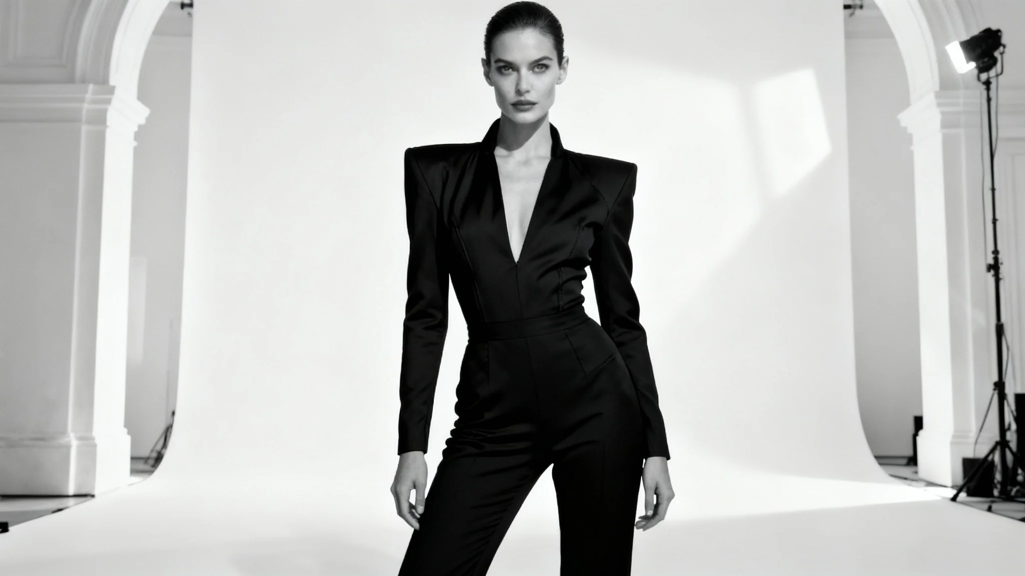 A full-body studio photograph of a high-fashion model wearing a sleek black jumpsuit, posing confidently against a pure white background.