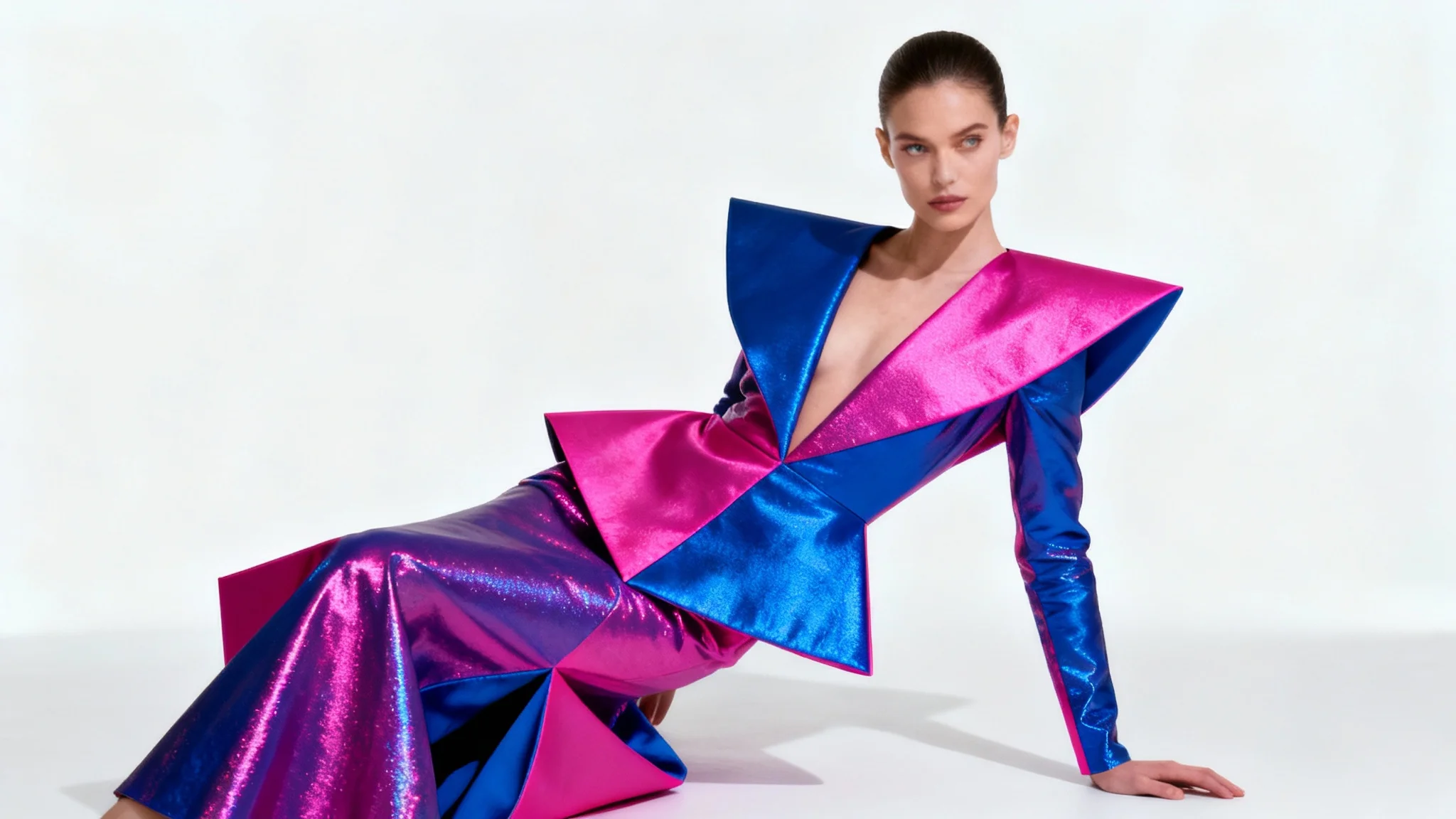 A full-body high-fashion photograph of a model in a vibrant, avant-garde couture outfit, posing dynamically against a solid white studio background.