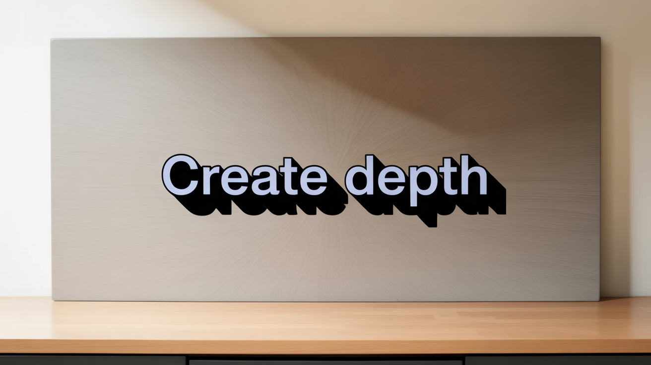 A 16:9 hero image demonstrating a text shadow effect. The words "CREATE DEPTH" are shown in bold, electric blue font, casting a soft dark shadow onto a light gray gradient background, creating a three-dimensional look.