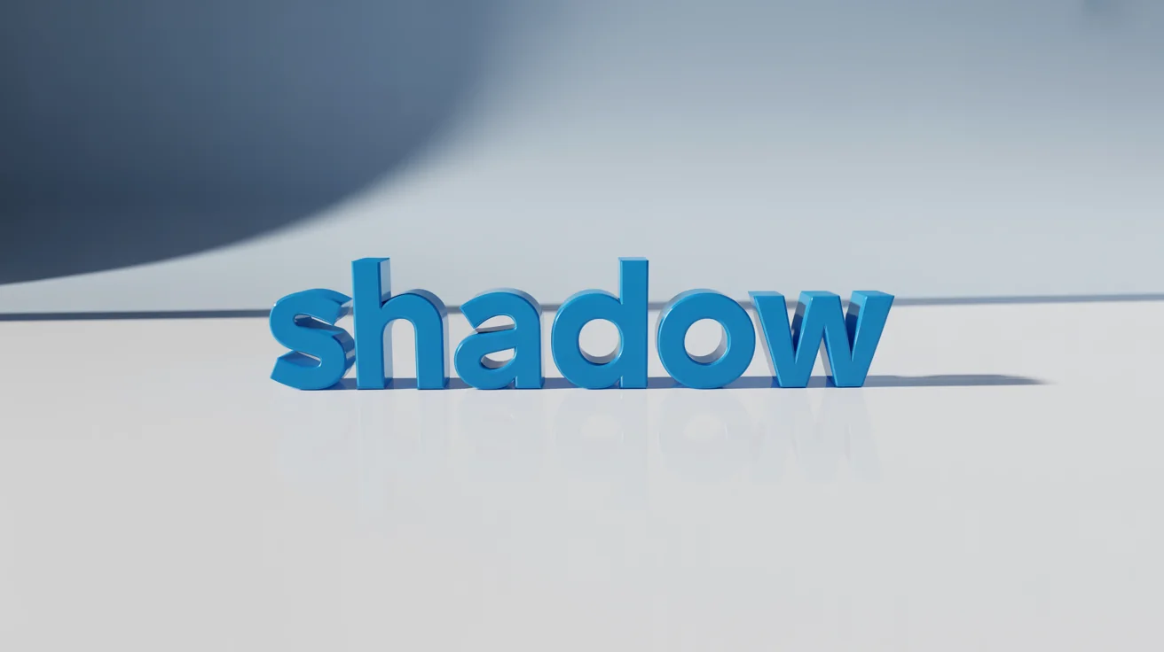 A 3D rendering of the word 'SHADOW' in bold blue, casting a long, soft gray shadow on a clean white background, illustrating a text shadow effect.