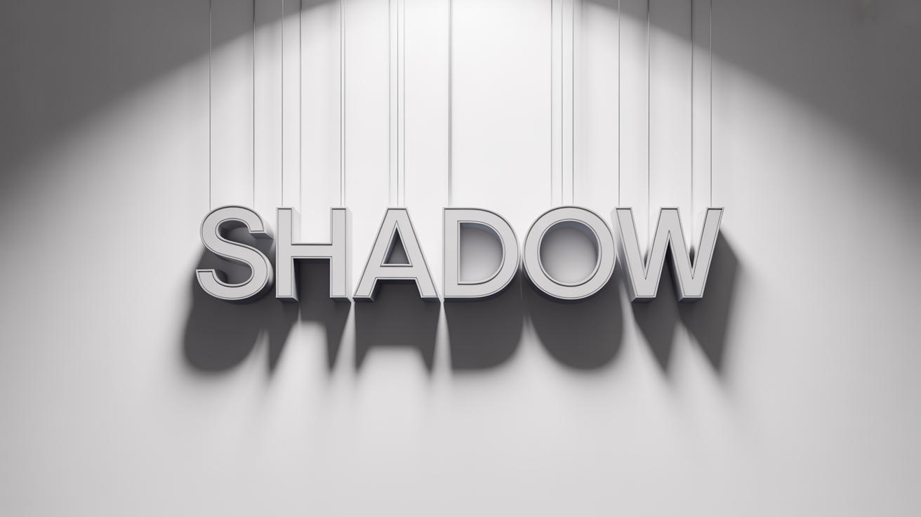 A 3D mockup demonstrating a text shadow effect, featuring the word 'SHADOW' in white bold letters floating over a white background with a soft shadow underneath.