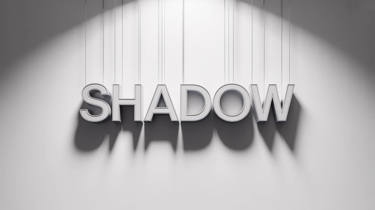 A 3D mockup demonstrating a text shadow effect, featuring the word 'SHADOW' in white bold letters floating over a white background with a soft shadow underneath.