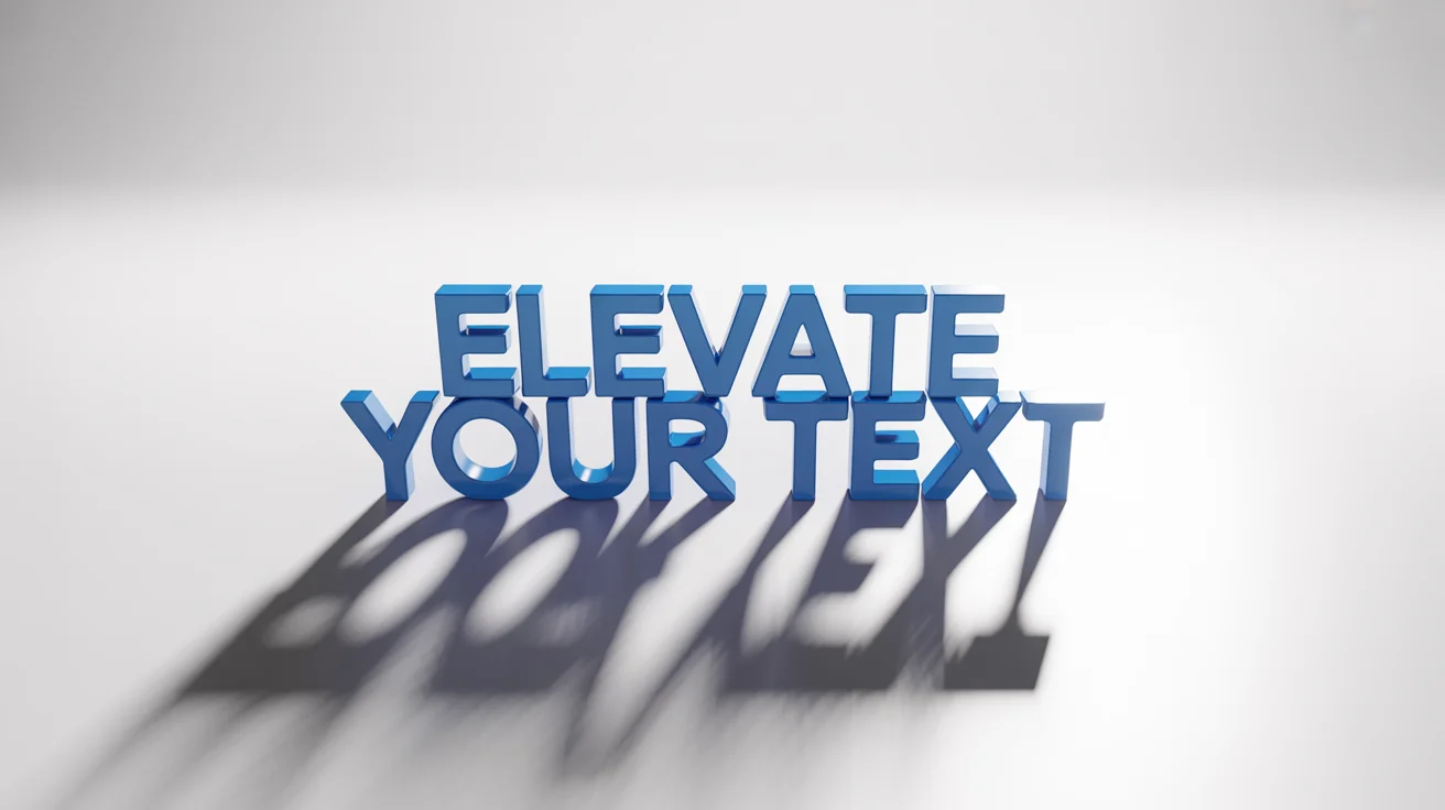 A 3D render of the words 'ELEVATE YOUR TEXT' in bold blue, casting a long, sharp, dramatic shadow on a clean white background, illustrating a text shadow effect.