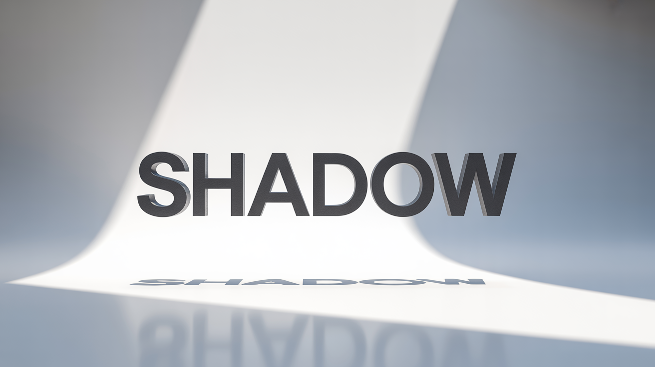A photorealistic image showing the word 'SHADOW' in bold, dark grey letters. The letters are floating above a white background, casting a sharp, distinct shadow to the right, demonstrating a text shadow effect.