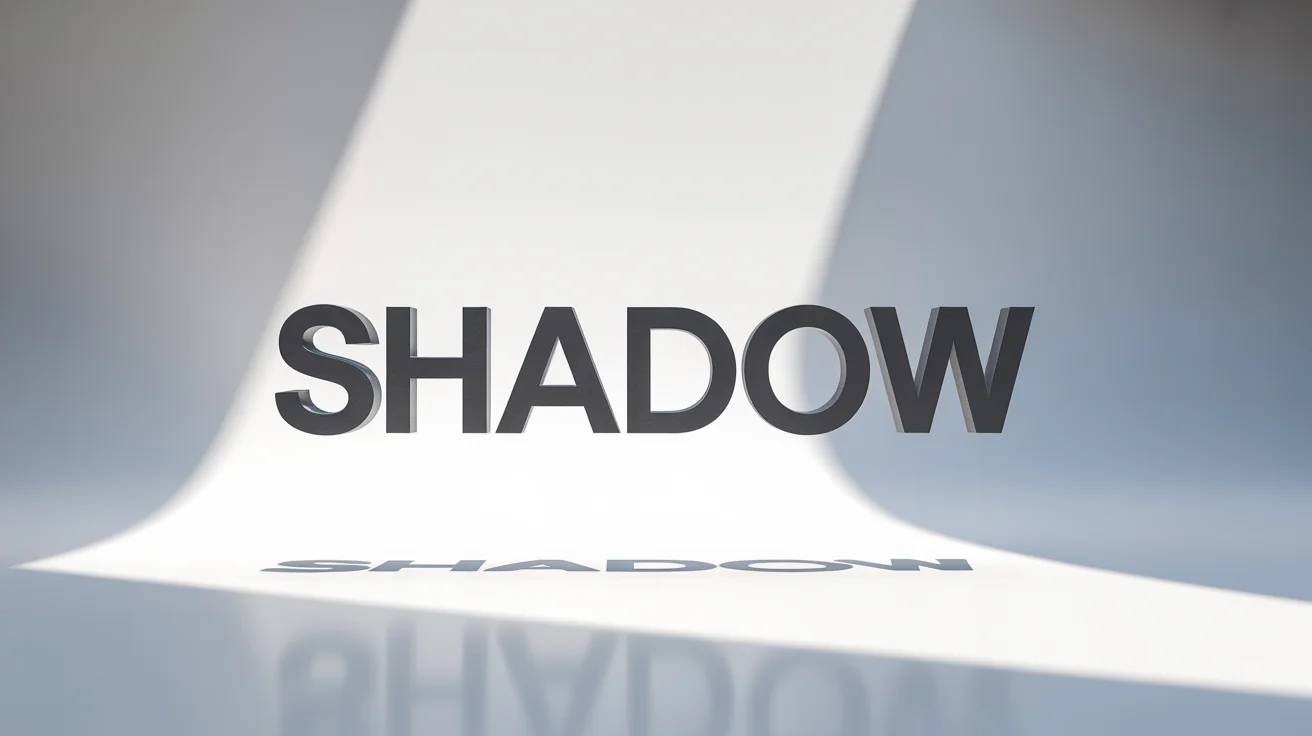 A photorealistic image showing the word 'SHADOW' in bold, dark grey letters. The letters are floating above a white background, casting a sharp, distinct shadow to the right, demonstrating a text shadow effect.