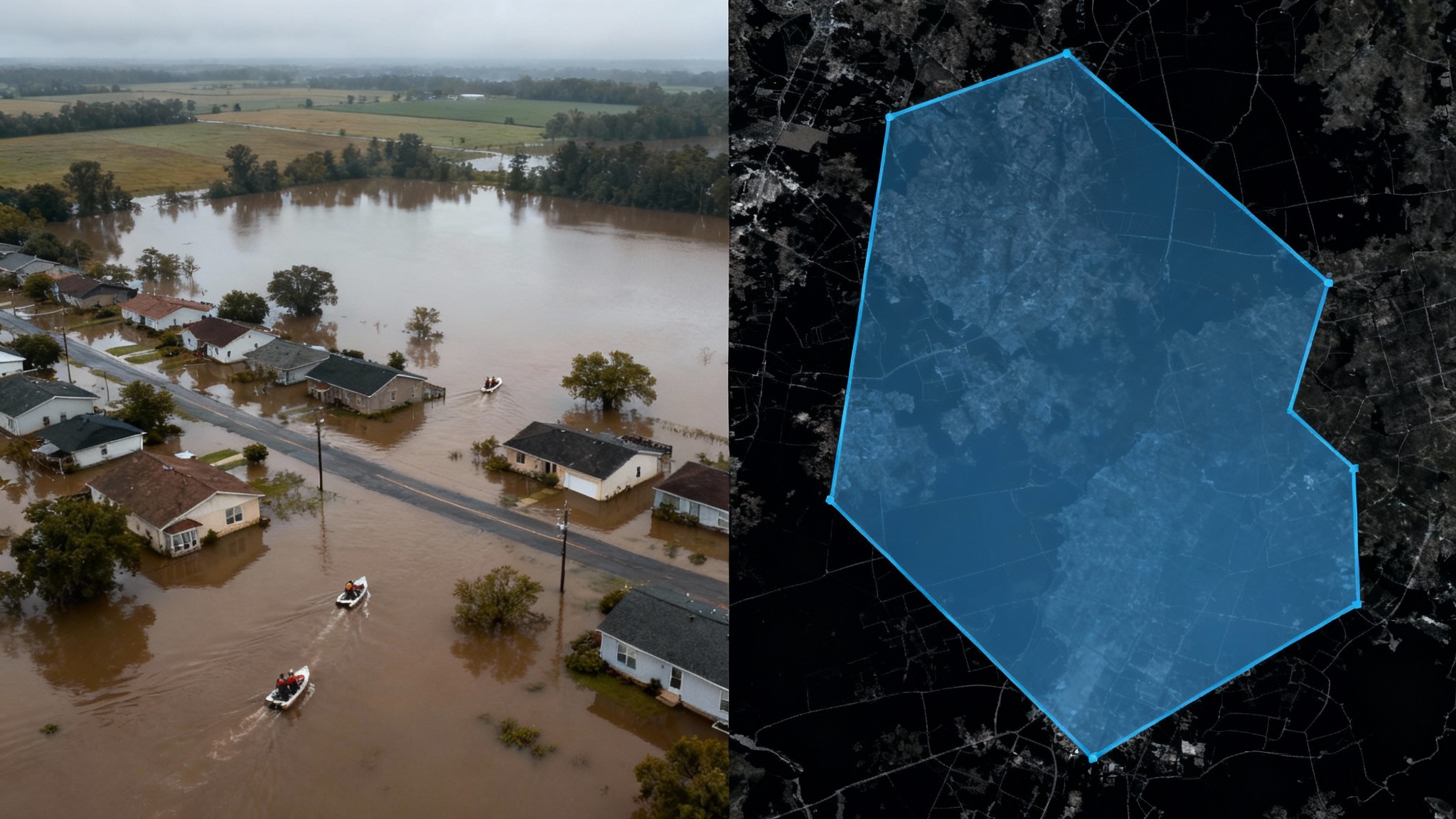 A side-by-side comparison of a flooded town. The left side is a photo of the flood. The right side is a data map of the same area with the flood extent precisely highlighted in a blue overlay, showing the output of a flood mapping tool.