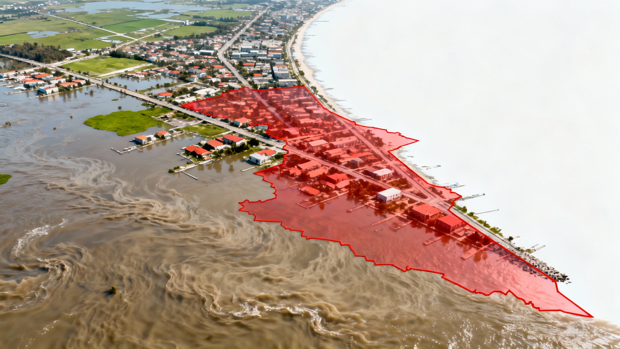 A high-angle mockup of a flood extent map, showing a satellite image of a flooded city with a precise red overlay highlighting the inundated areas, presented on a white background.