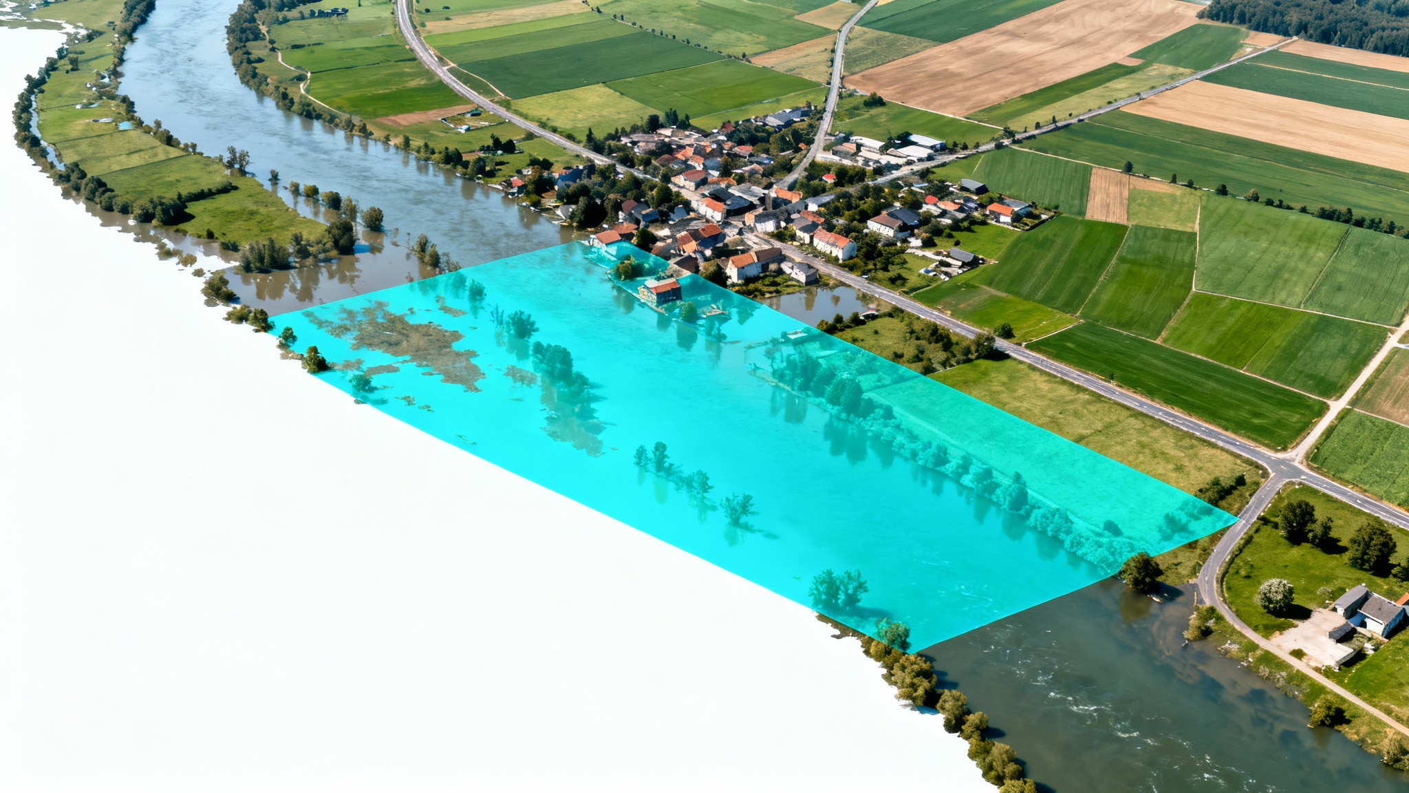 A detailed aerial map visualizing flood extent, with the flooded areas of a town and countryside clearly marked with a blue overlay, on a white background.