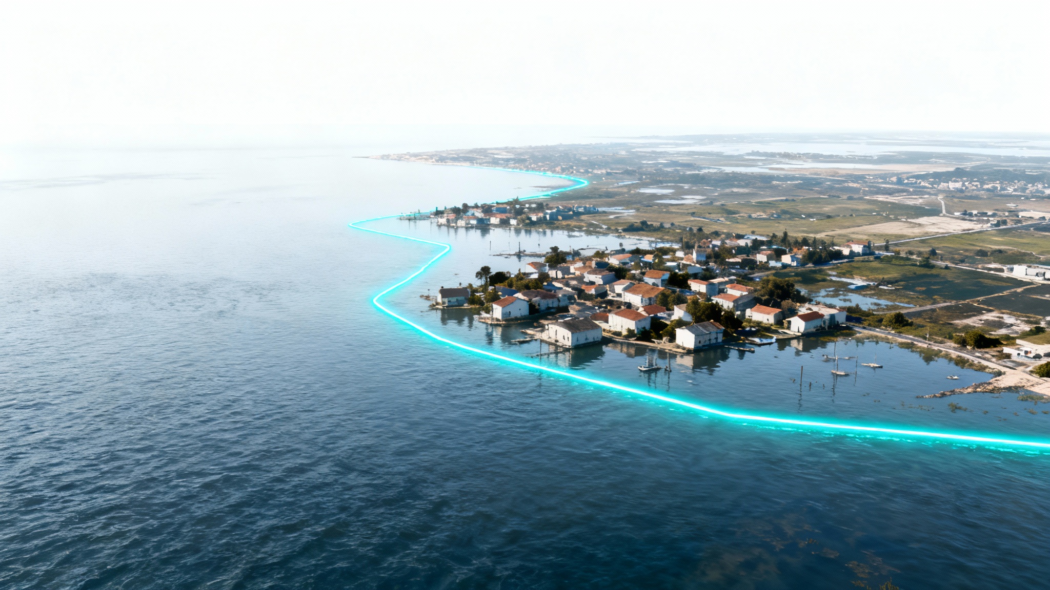 An aerial view of a flooded town, with a bright blue digital line clearly mapping the extent of the floodwaters against the dry land, on a white background.