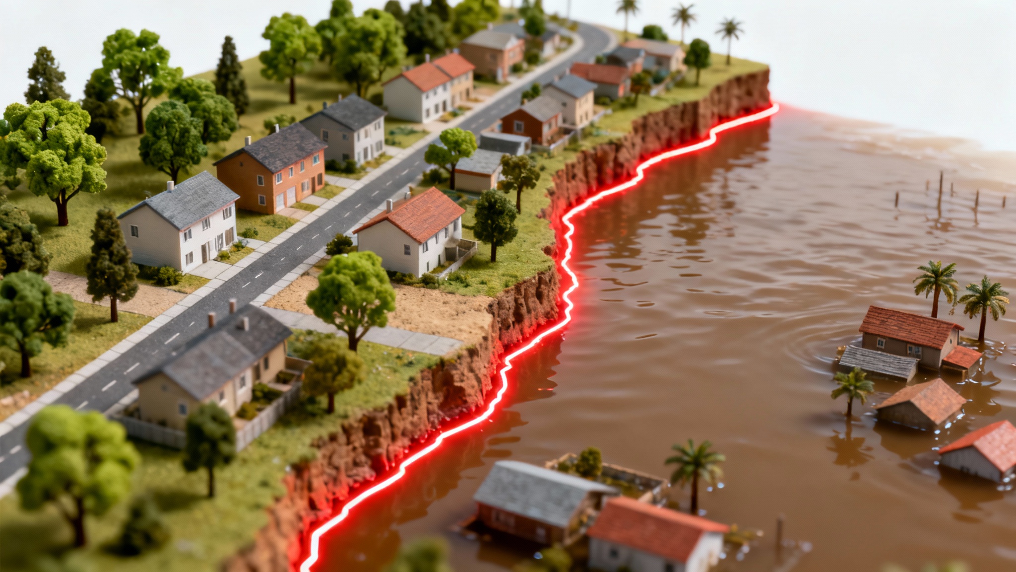 A 3D map diorama showing a coastal town partially flooded, with a clear red line marking the exact extent of the floodwater, isolated on a white background.
