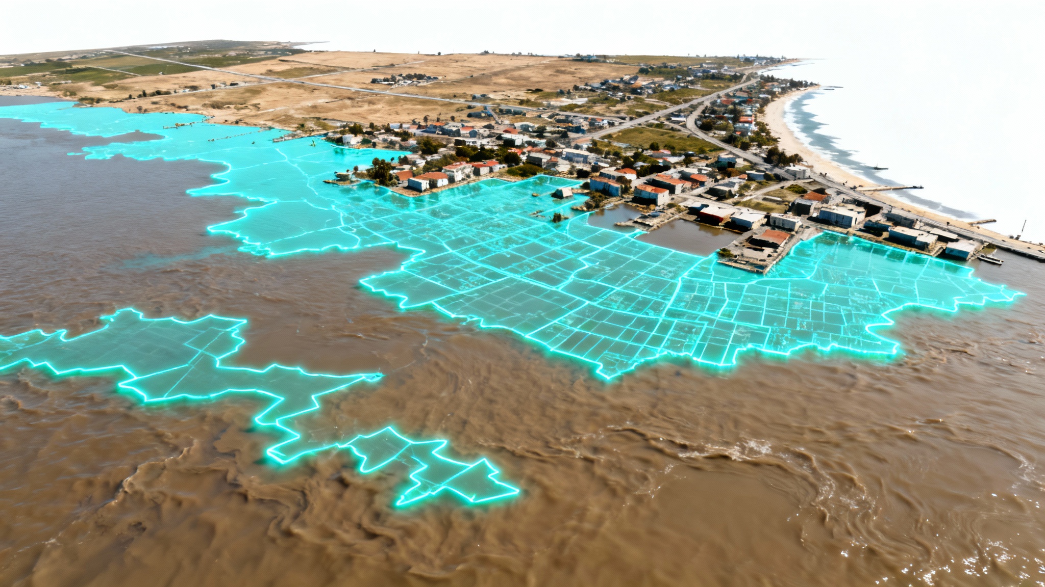 A top-down satellite map of a flooded town, shown against a white background. A bright blue digital layer is drawn over the flooded areas, illustrating flood extent mapping.