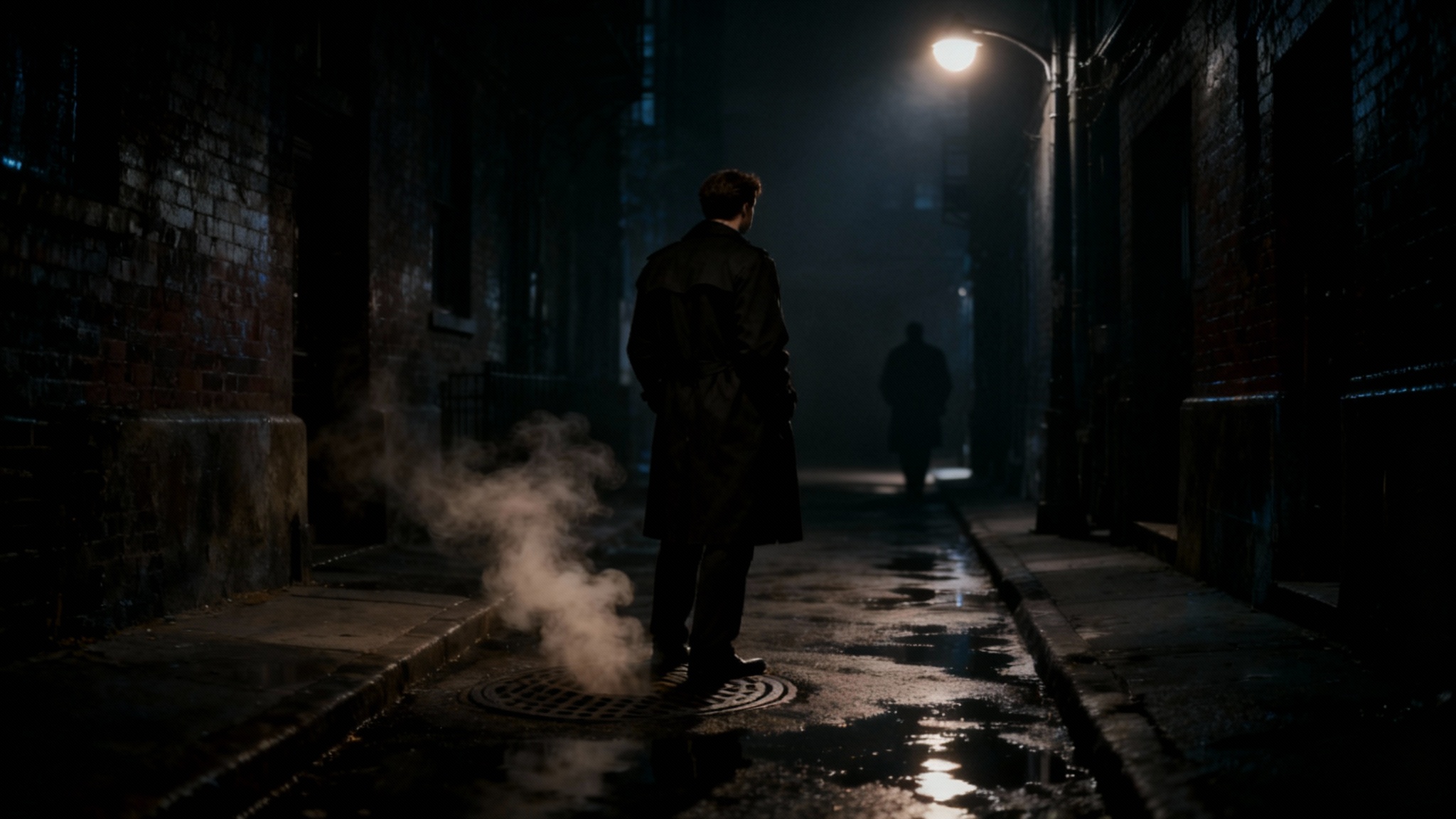 A cinematic, widescreen image of a man in a trench coat standing in a dark alleyway at night, framed with black cinema bars at the top and bottom to create a movie-like effect.